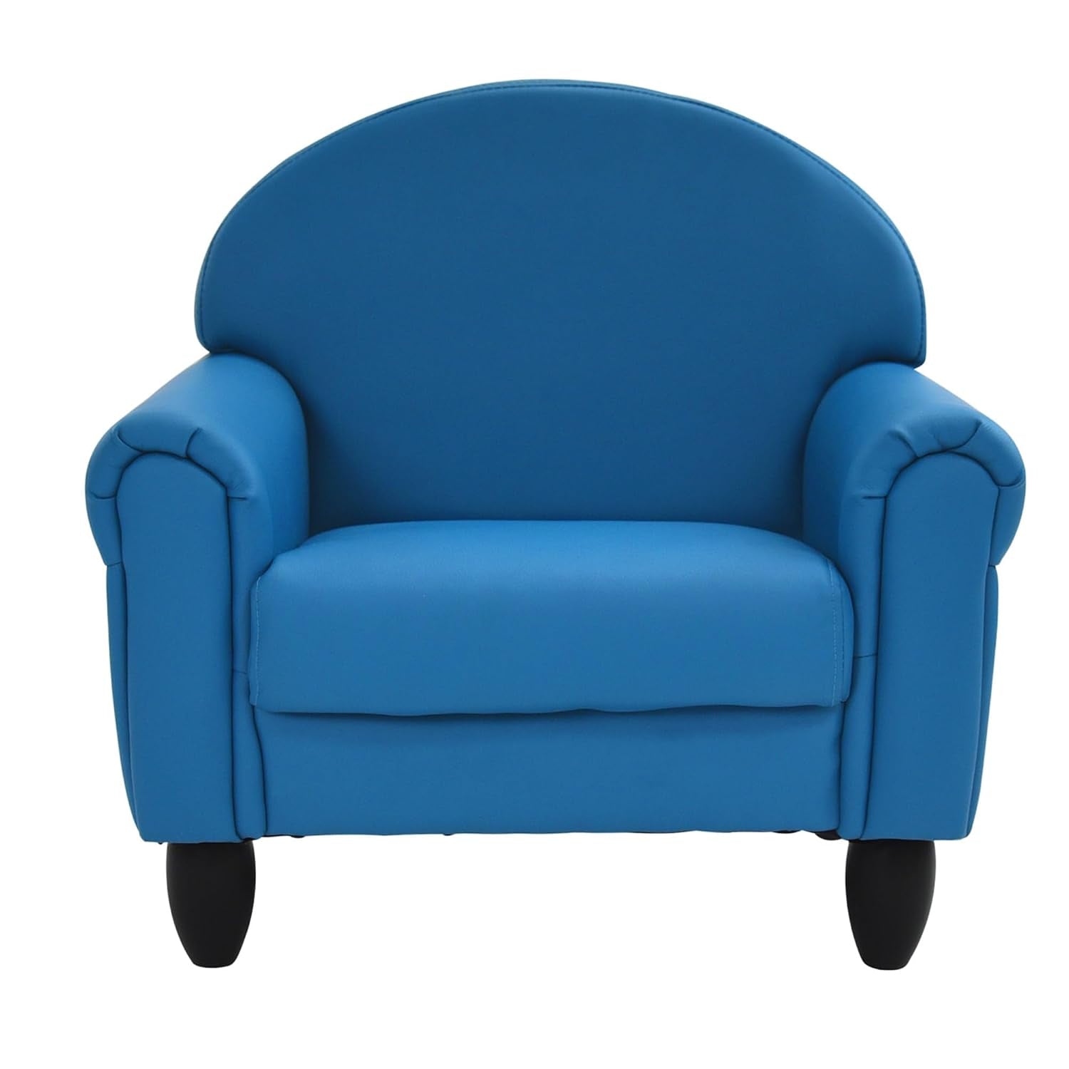 Front-facing bright blue kids armchair with curved back and black rounded legs.