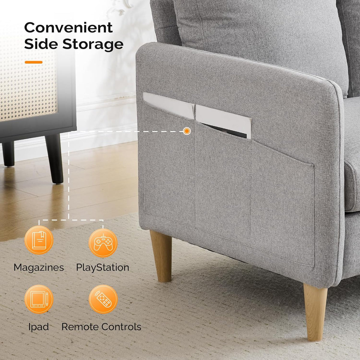 Rear-side view of loveseat showing built-in fabric storage pocket on the arm for remotes and reading material