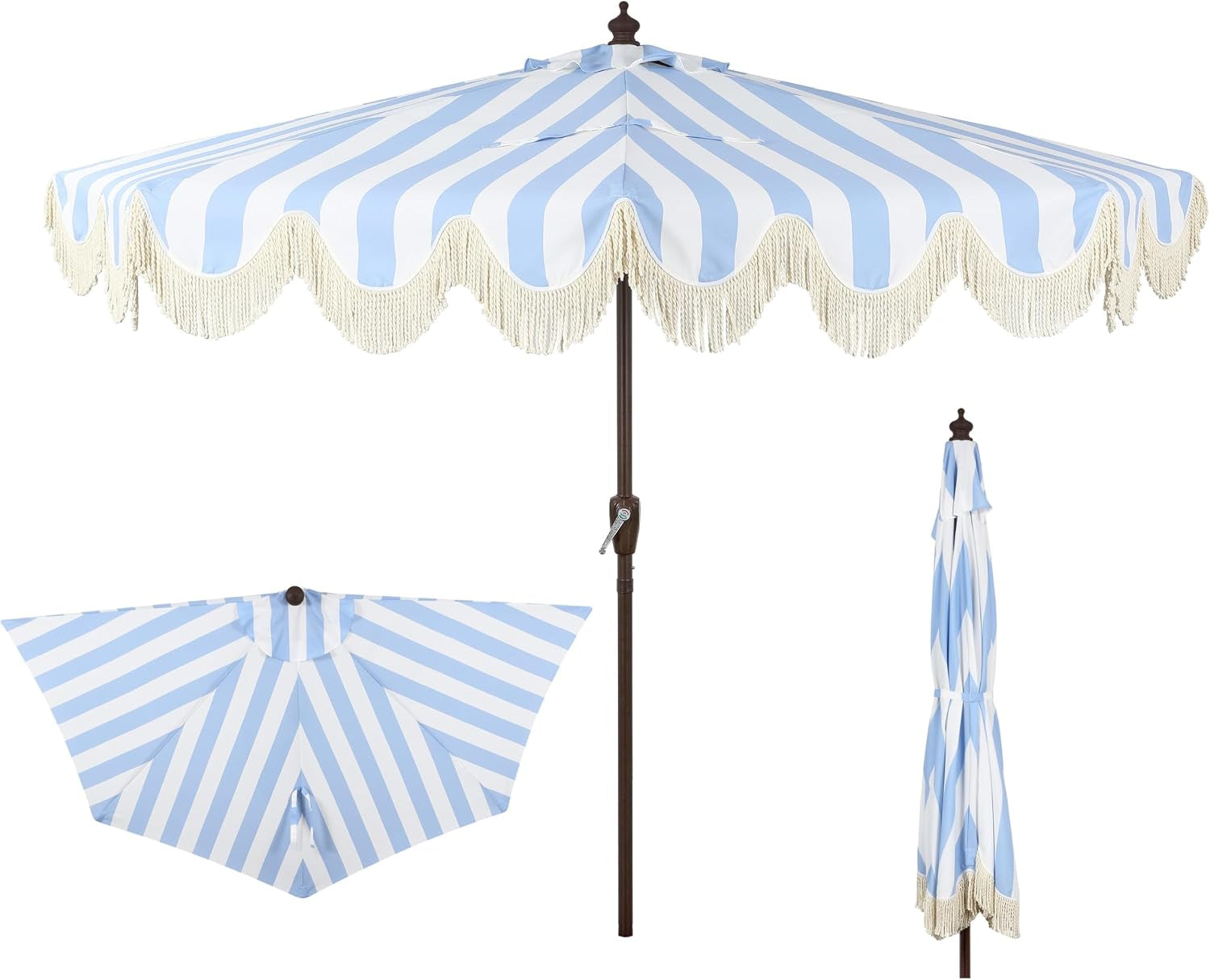 Light blue-and-white striped scalloped half umbrella mounted on a dark brown pole, inset top view and closed umbrella shown.