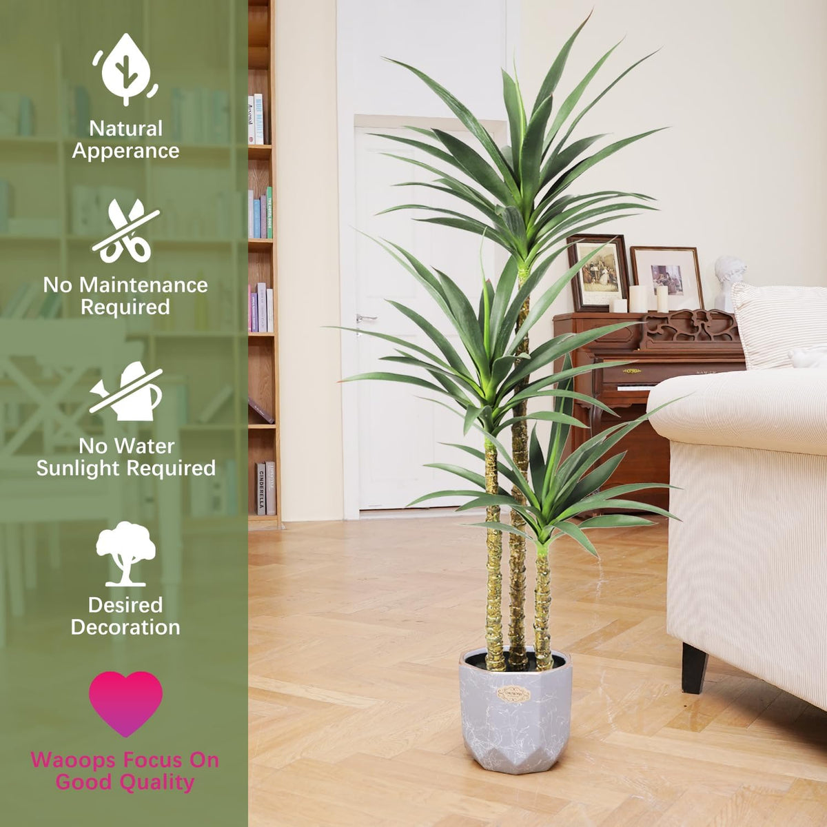 Potted artificial agave tree beside a sofa in a living room setting with a green information banner at left