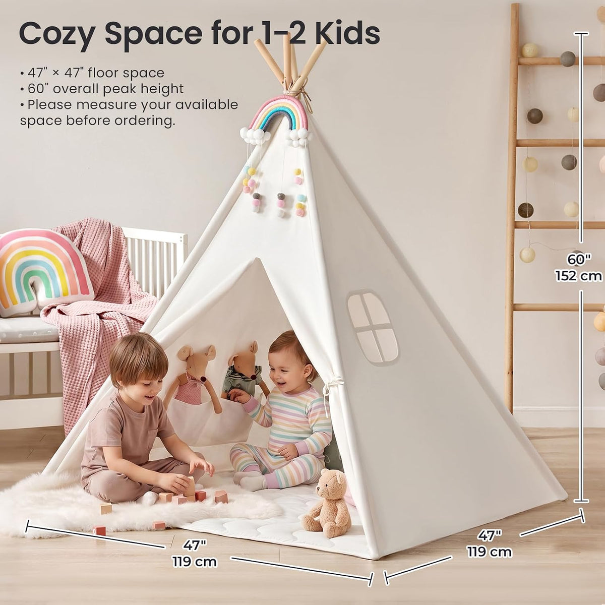 Children playing inside the teepee shown with floor and height dimension overlays and a window cutout.