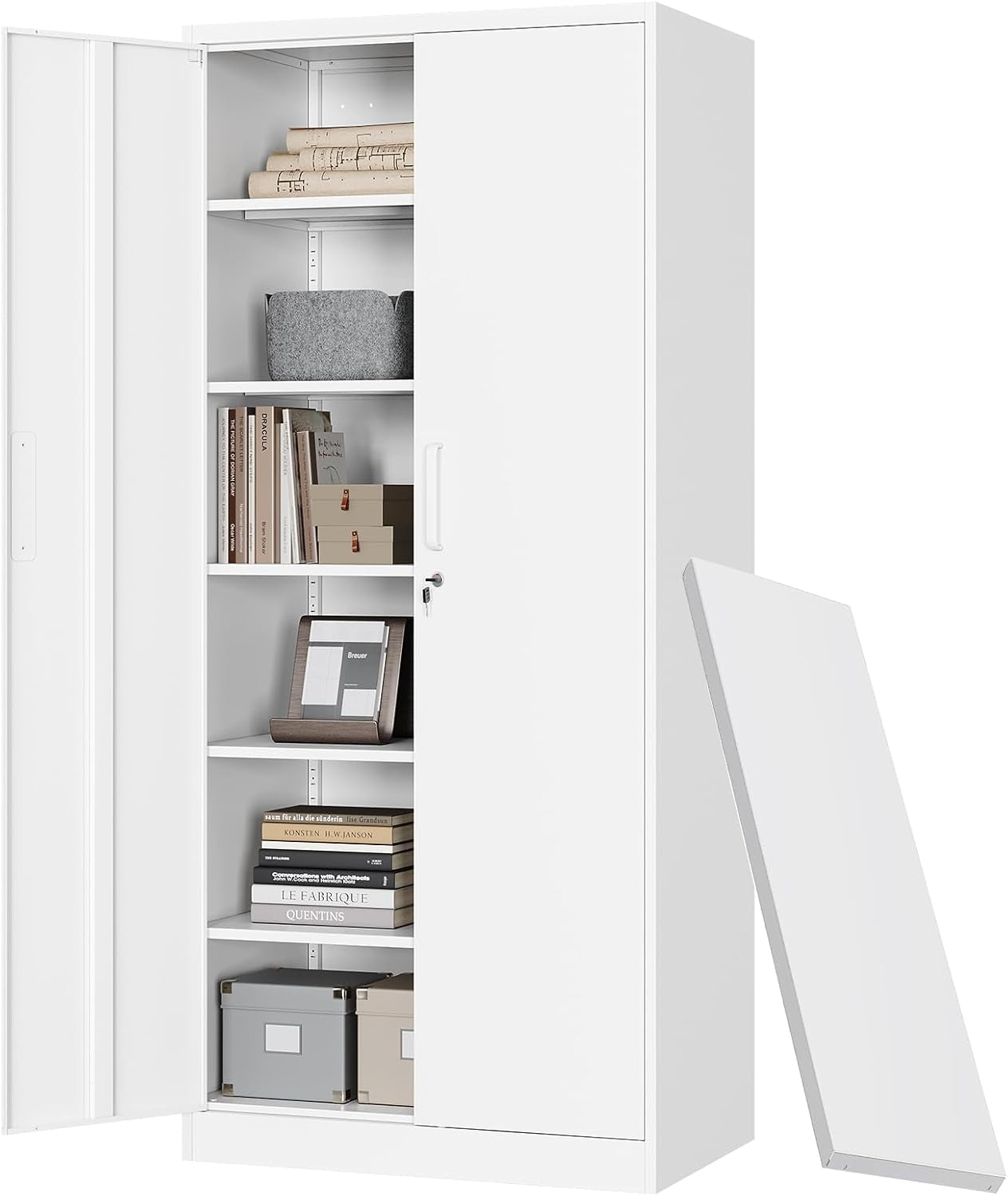 White tall cabinet with left door open, shelves filled with boxes and books and a removable panel leaning on the right.