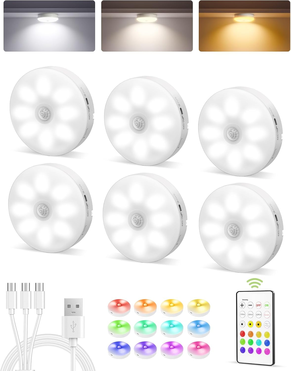 Six puck lights shown with USB cable, remote and visual samples of white and RGB color options