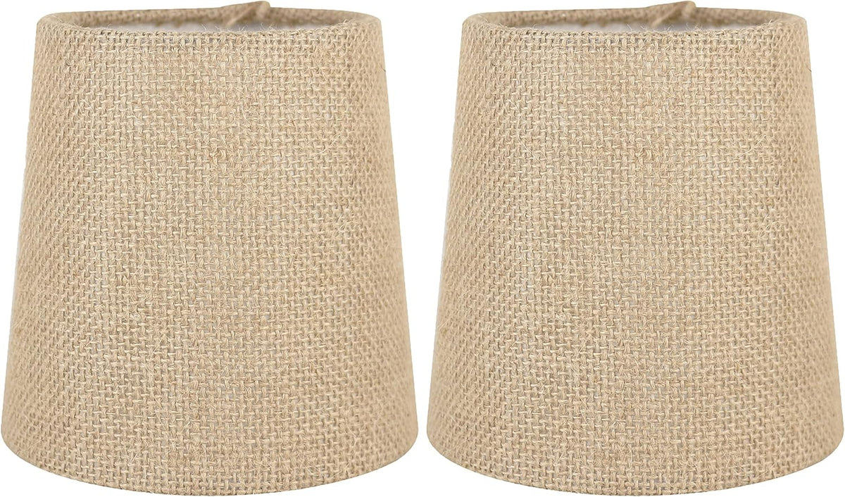 Two natural burlap clip-on chandelier shades side by side on a white background.