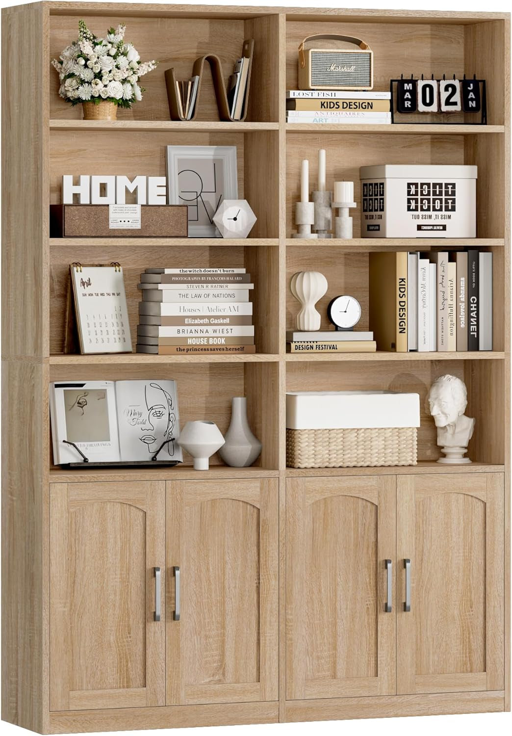 Oak-finish 6-tier double-wide bookshelf front view with styled open shelves and closed lower cabinets