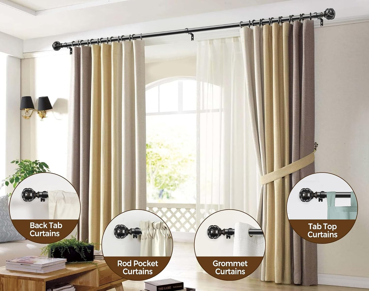 Curtain rod installed across a wide window with layered drapes; inset circles show compatibility with several curtain header