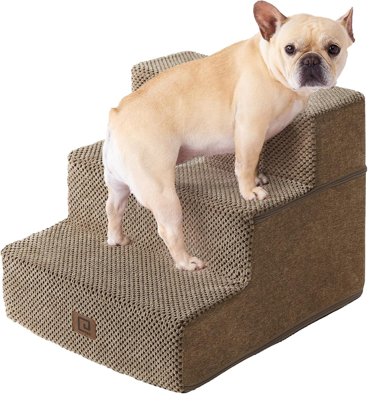 Warm brown textured four-step stairs shown close-up with the dog facing forward on the upper steps.