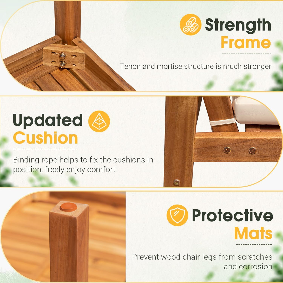 Three close details: a corner tenon joint with bolts, a cushion tied to the frame, and a chair leg end with a protective cap.