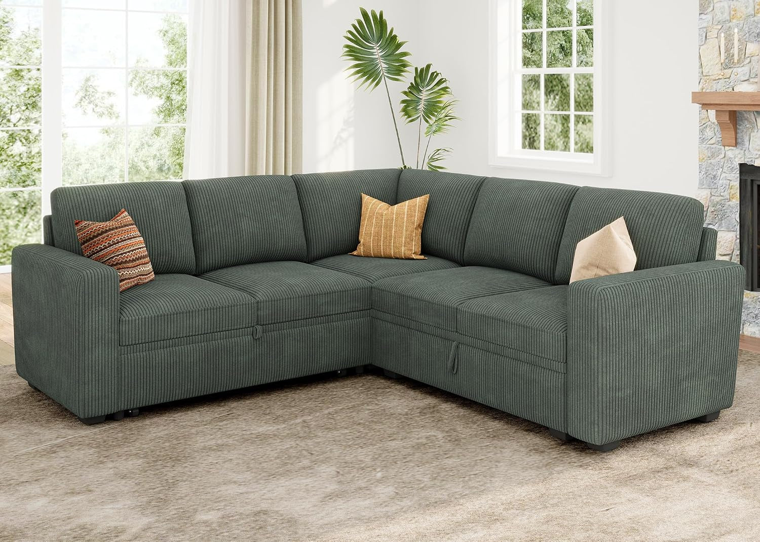 Modular Sectional Sleeper Sofa with Pull Out Bed, Corduroy L Shaped Couch with Storage, Sectional Couches for Living Room, Green