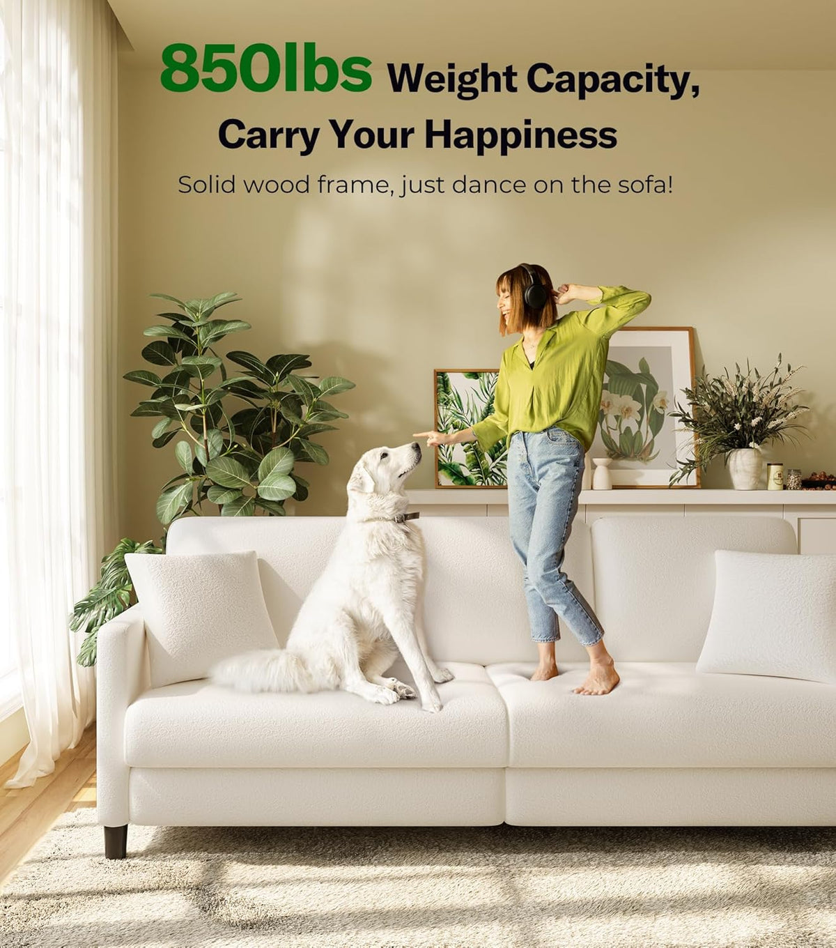 Cream 83-inch teddy sofa with a person and a dog on the cushions illustrating reported high weight capacity