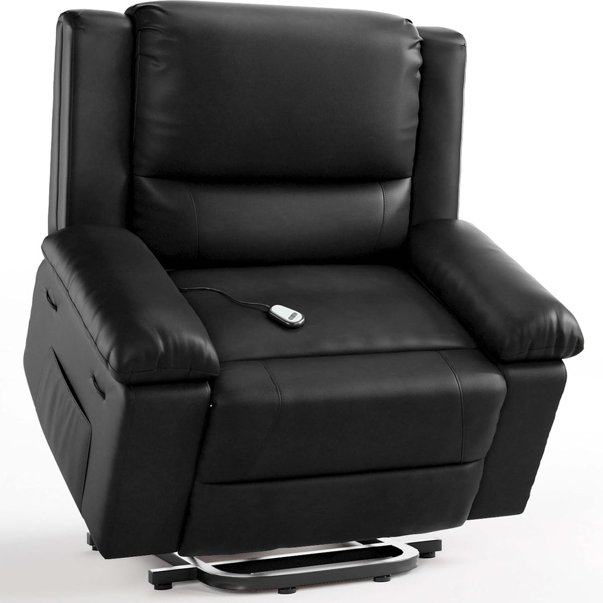 Black recliner on a white background with the wired remote resting on the seat.