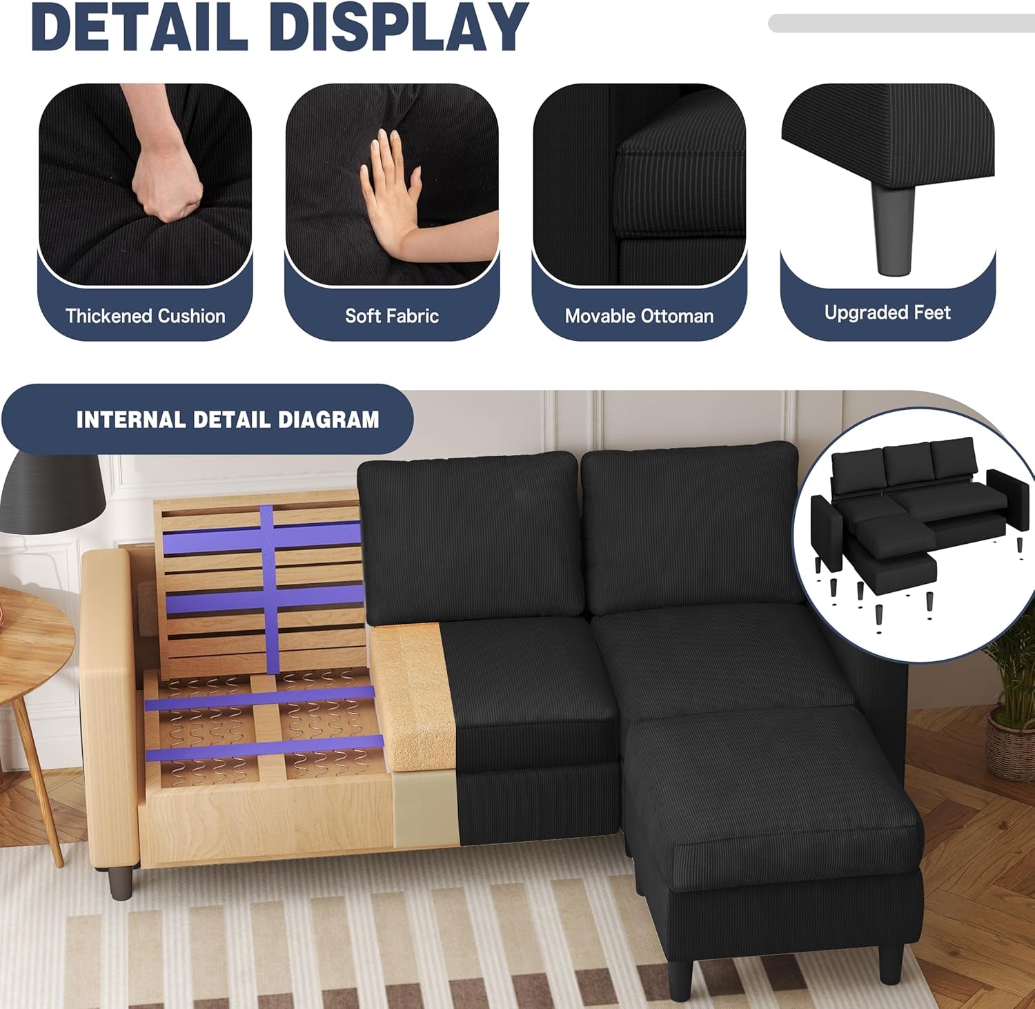 L Shaped Sectional Sofa Couch,Convertible Modular Sofas with Movable Ottoman,3-Seat Upholstered Corduroy Couch,Small Couches for Living Room,Apartment,Office(Black)