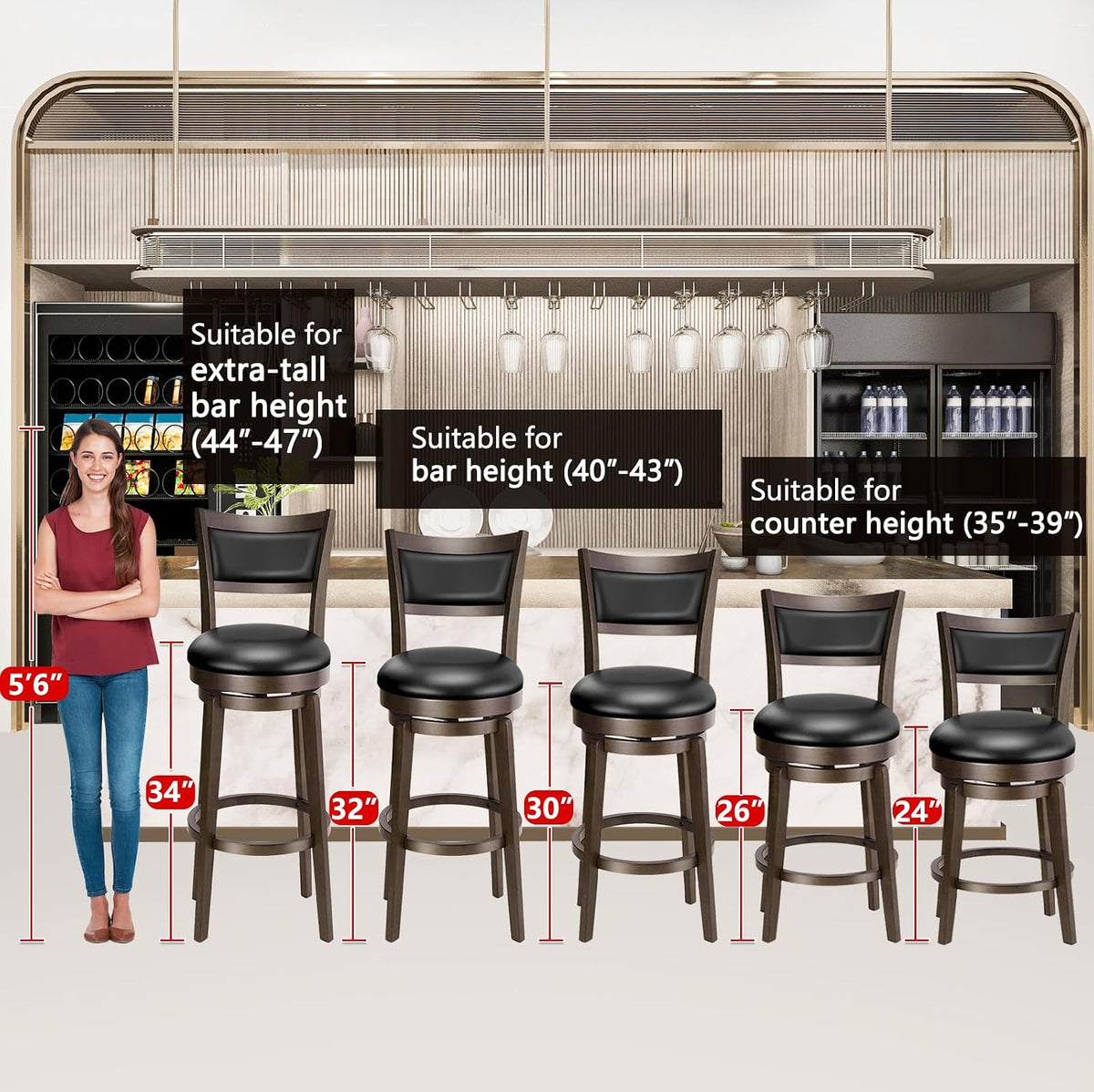 Height comparison diagram showing five stools at different seat heights with a standing woman for scale in a bar setting.