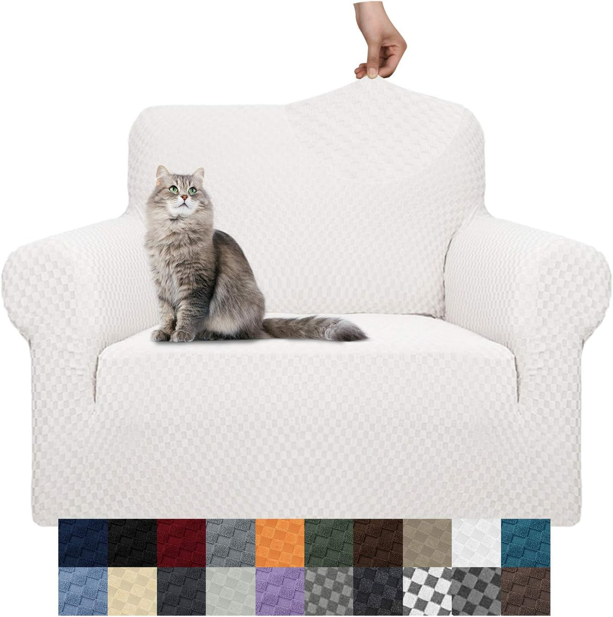 White armchair cover displayed front-on with a gray cat perched on the cushion and a strip of available color swatches
