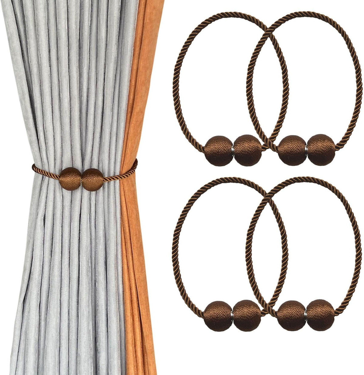 Brown twisted rope magnetic tiebacks with matching brown beaded balls shown holding a gray curtain and as three extra loops