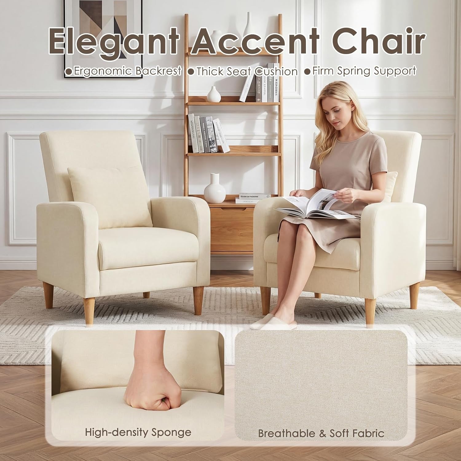Two beige chairs in a room setting with text callouts showing high-density foam and breathable fabric