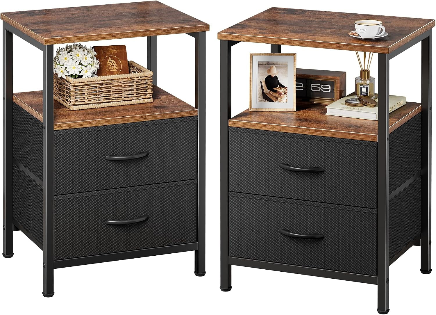 Two brown wood-top nightstands with black metal frames, open shelf and two fabric drawers, styled with baskets and decor.