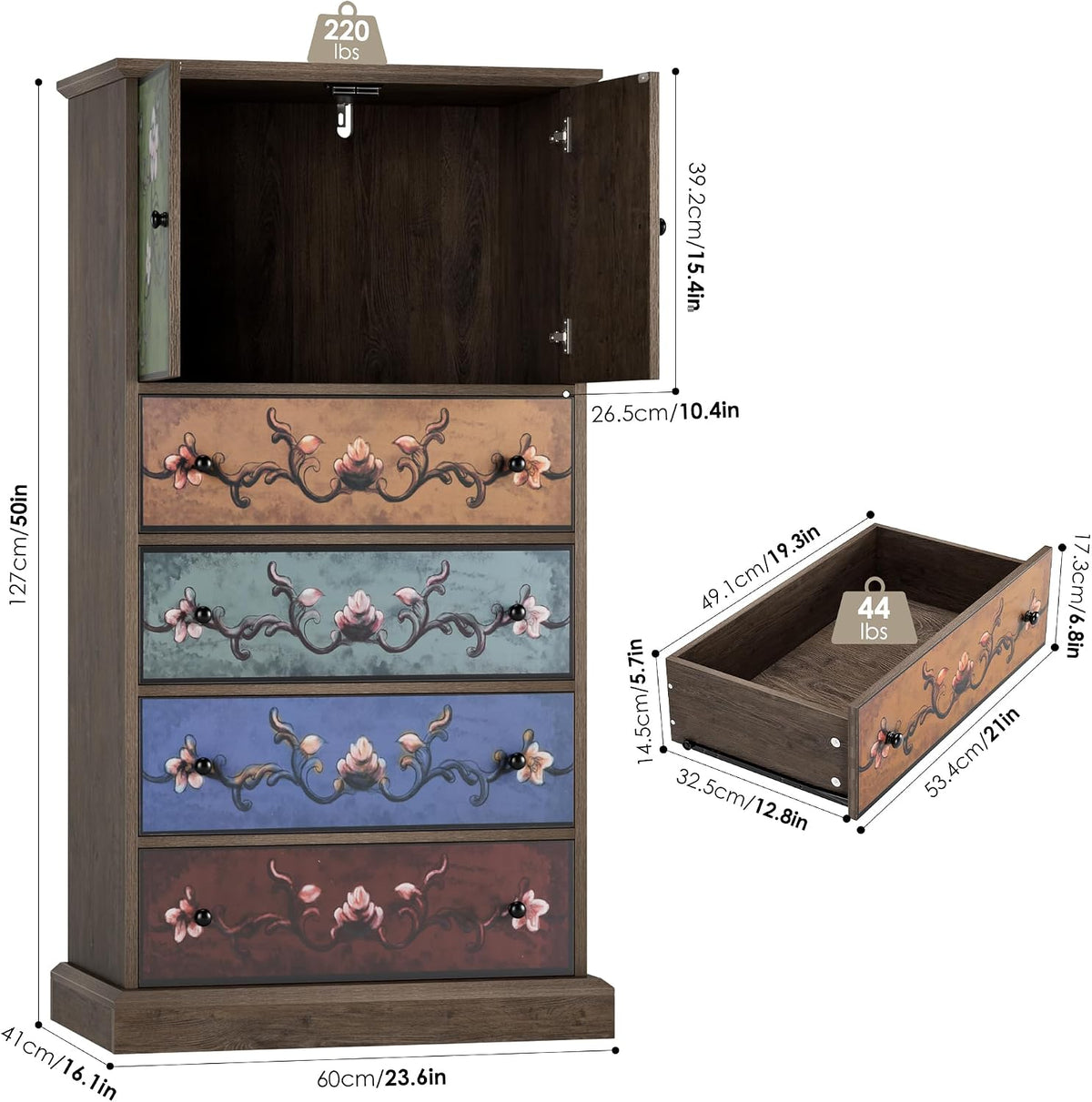 Open cupboard cavity and drawer diagram with top load icon indicating 220 lb capacity and drawer dimensions