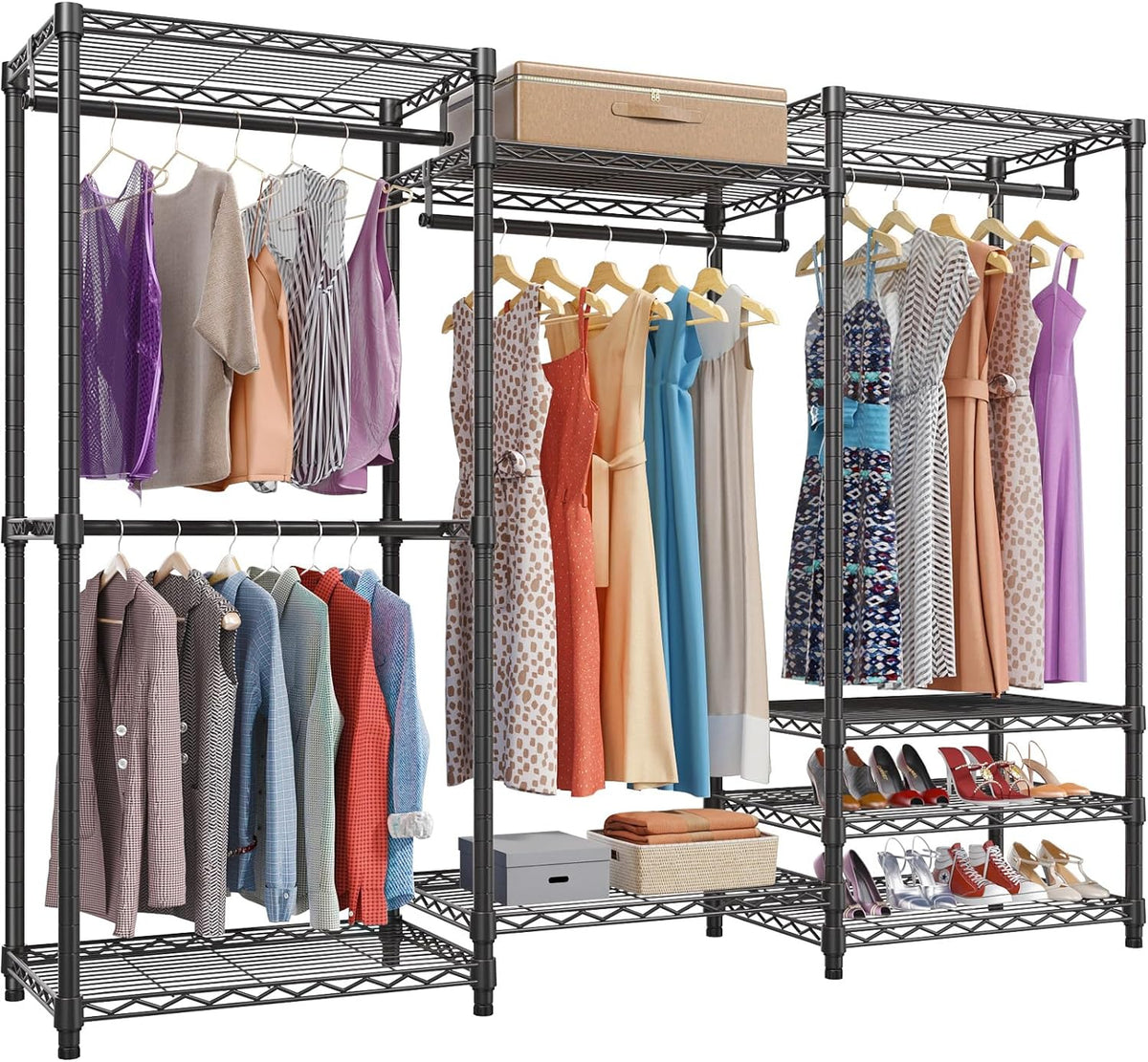 Front view of a black freestanding modular clothes rack with multiple hanging rods and wire shelves filled with clothes and