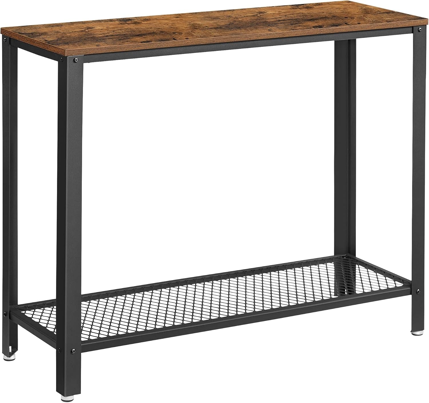 Narrow console table showing honey brown wood top, black metal U-frame and lower diamond‑mesh shelf.