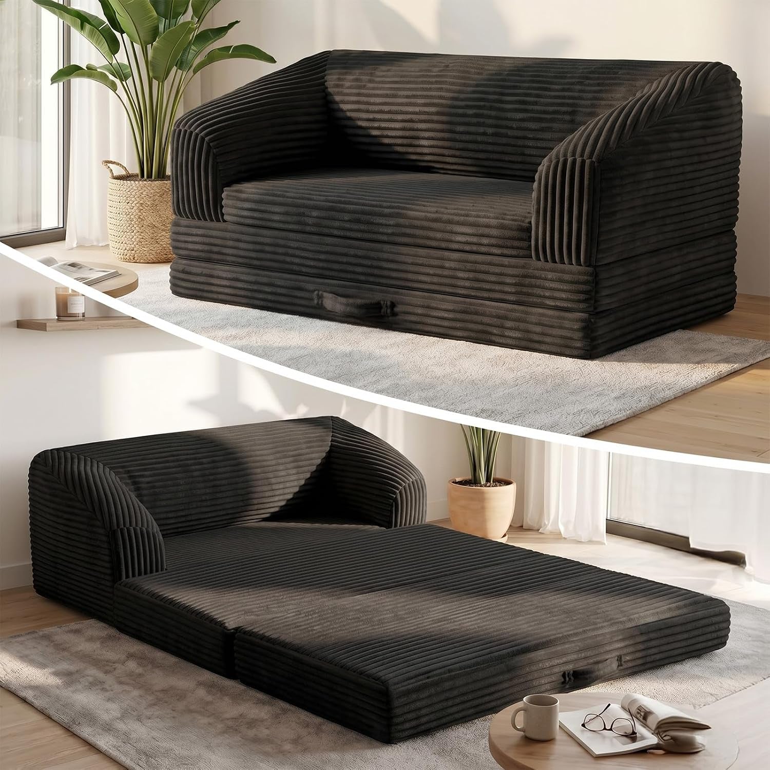 Black corduroy folding sofa shown as a compact sofa and also folded flat into a mattress on the floor.