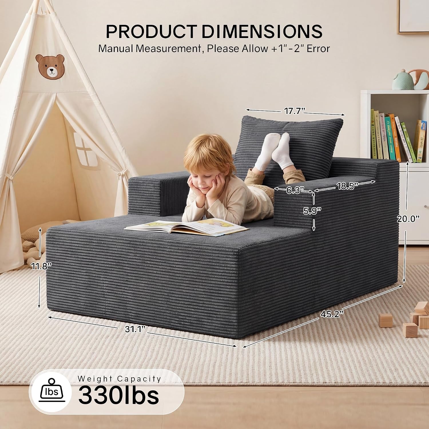 Child lying on the chaise with measurement arrows and labels over the gray corduroy lounge in a nursery setting.