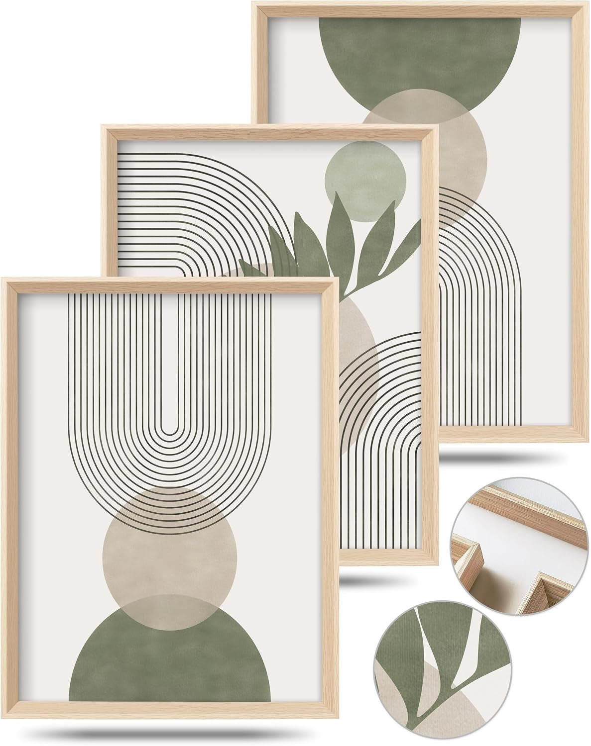 Three overlapping sage and neutral framed prints with circular insets showing frame and canvas texture