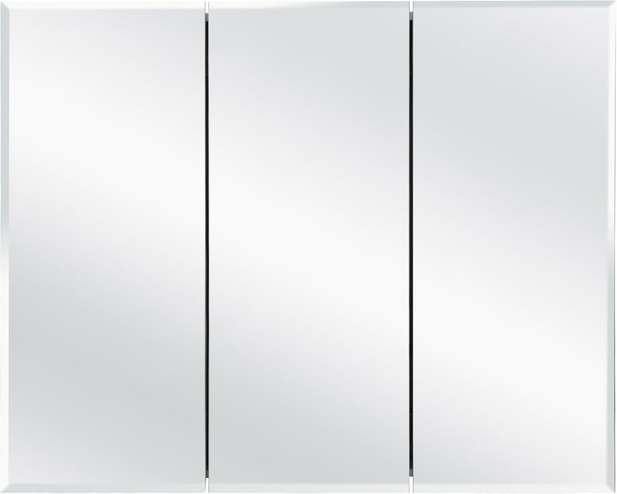 Frontal view of three-panel frameless mirrored cabinet reflecting neutral background.