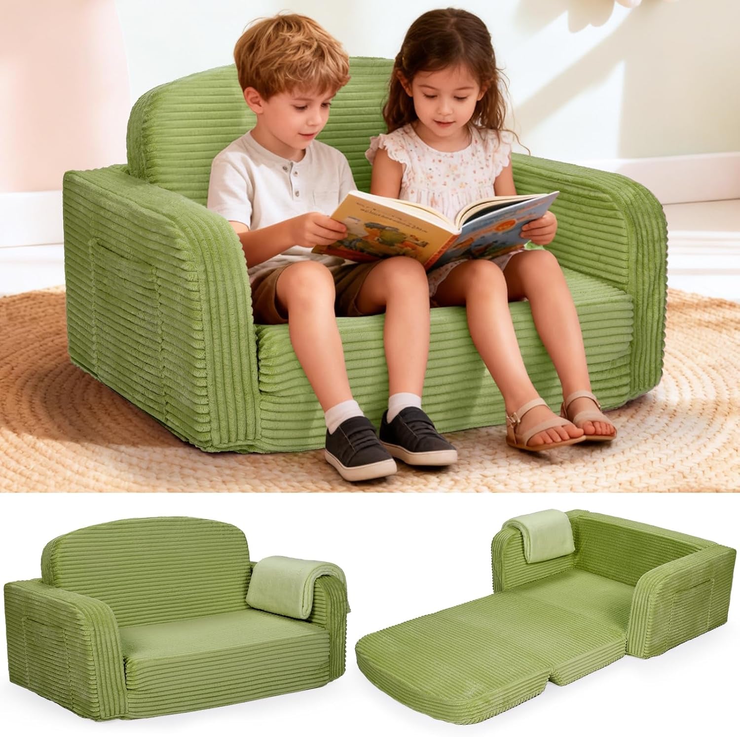 Green corduroy toddler sofa with two children reading, plus separate sofa and folded-out bed images.