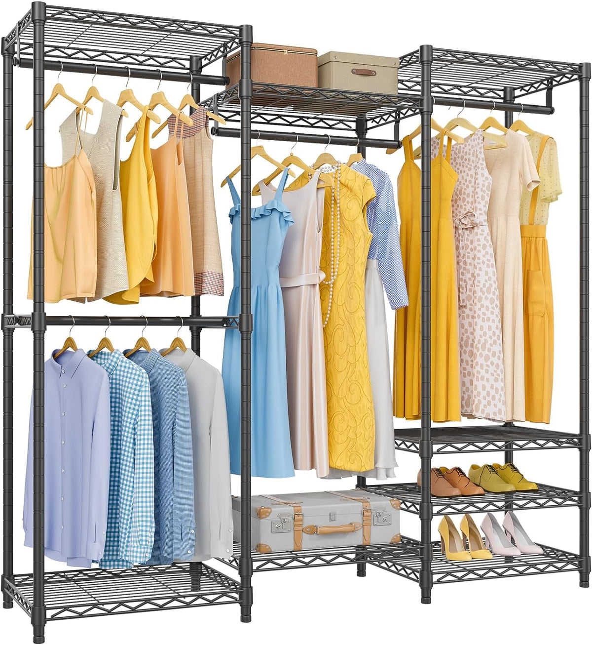 Black modular closet unit shown from an angle with dresses, shirts and stacked shelves