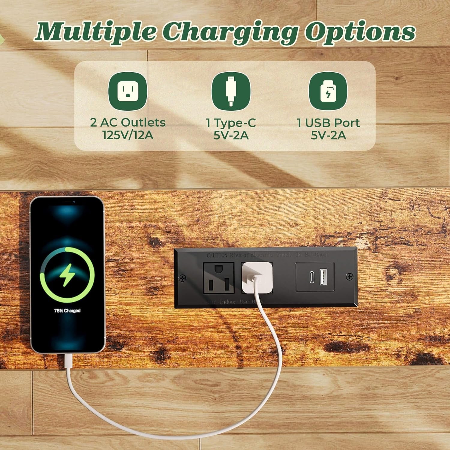 Close-up of the tabletop charging module with an outlet, Type-C and USB port and a phone plugged in