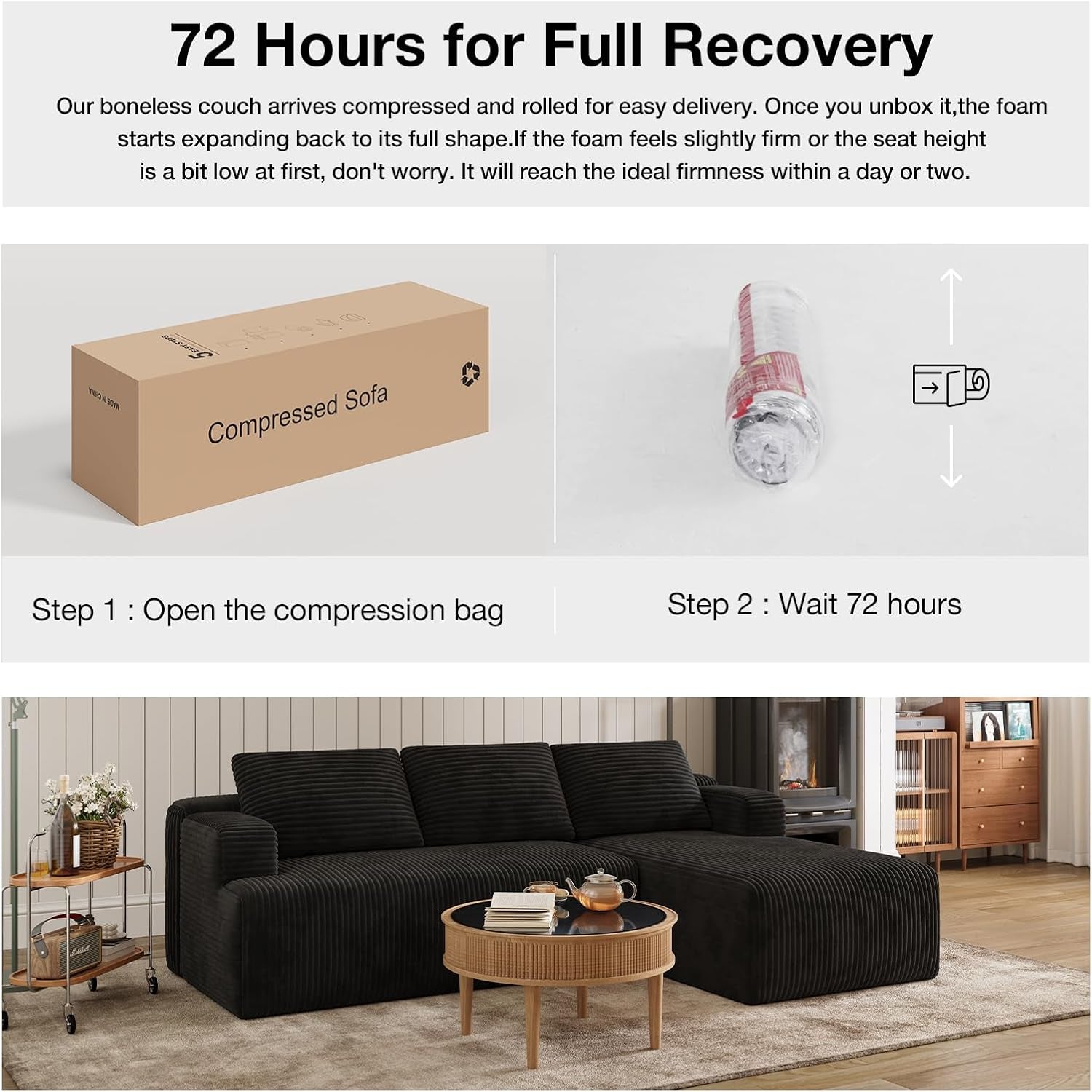 L-Shape Sectional Couches for Living Room with Smarts Coil® Support, 3 Seater Sectional Sofas for Living Room Bedroom, Corduroy Cloud Couch Sectional, No Assembly(Black, Right Hand Facing)