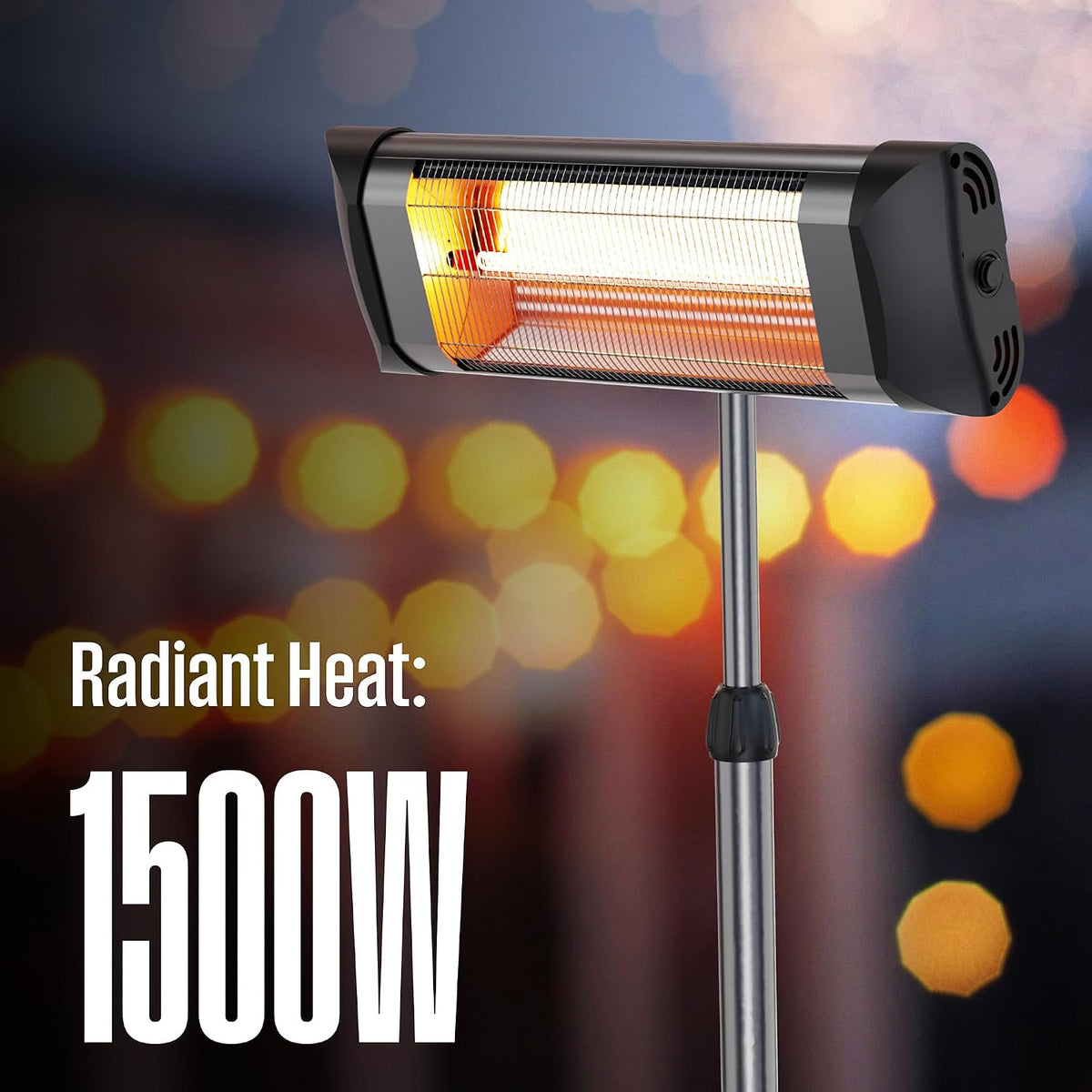Close-up of heater head and telescoping pole with glowing element and blurred bokeh background