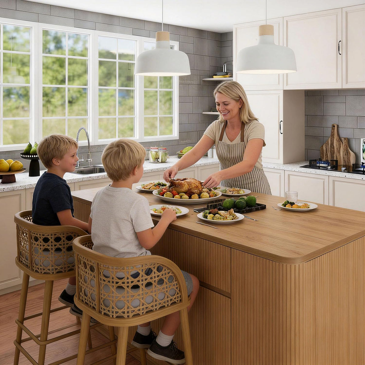 Woman serving a roast at a wood-grain island while two boys sit on woven bar stools eating