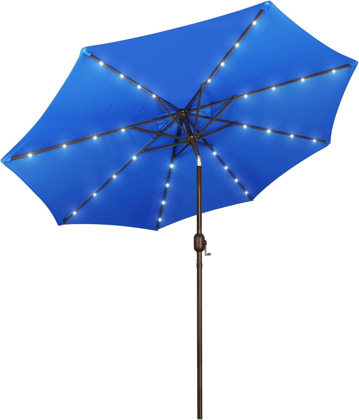 Underside view of a blue patio umbrella showing LED lights on each rib and the central crank mechanism.