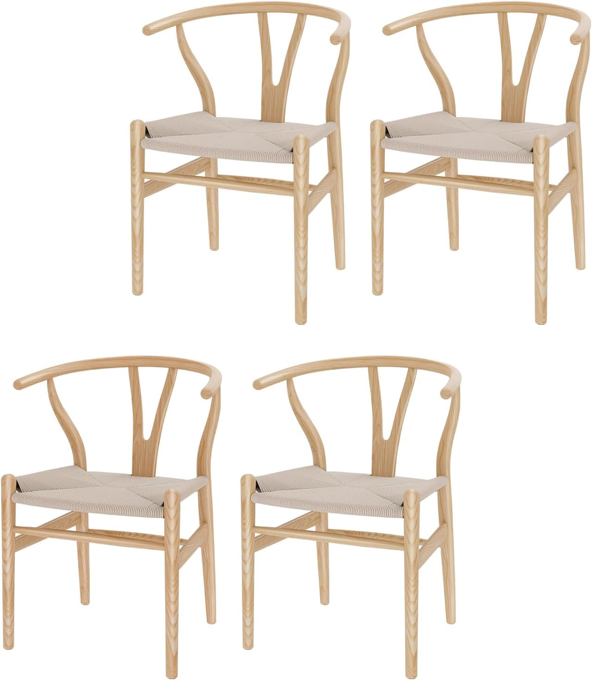 Four matching ash wood wishbone chairs shown on a white background in two rows.
