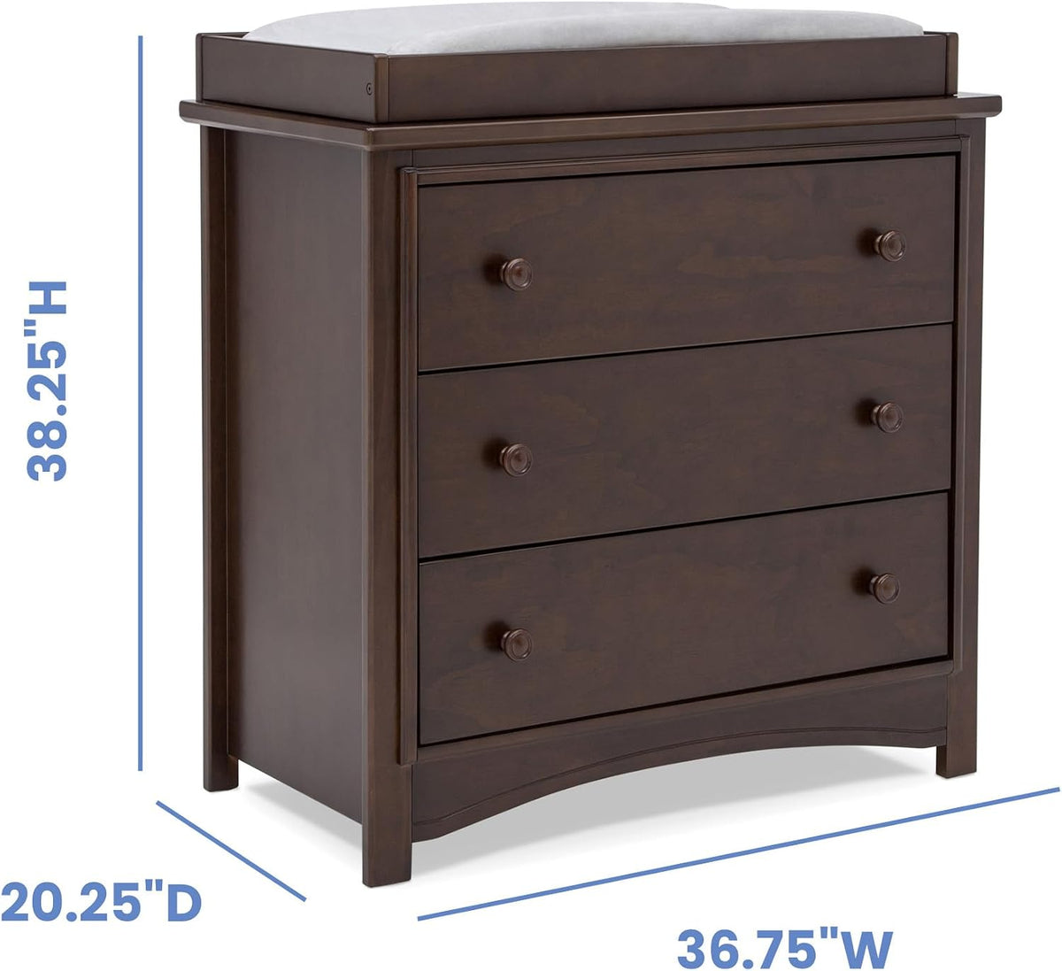 Three-quarter front view with blue dimension lines indicating the dresser's height, width, and depth.