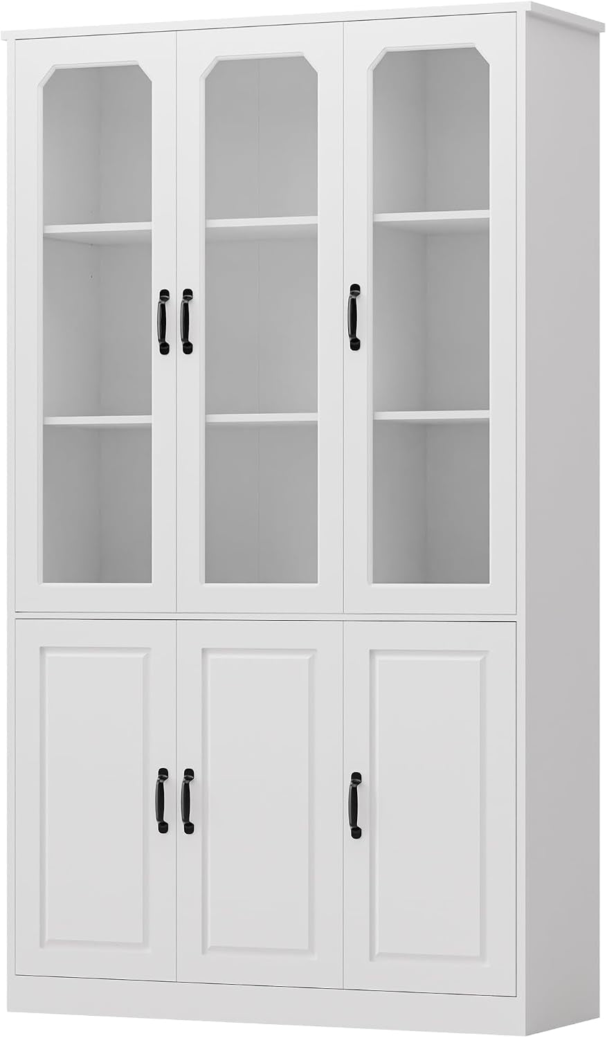 Studio three-quarter view of the white pantry showing closed upper glass doors and paneled lower doors.