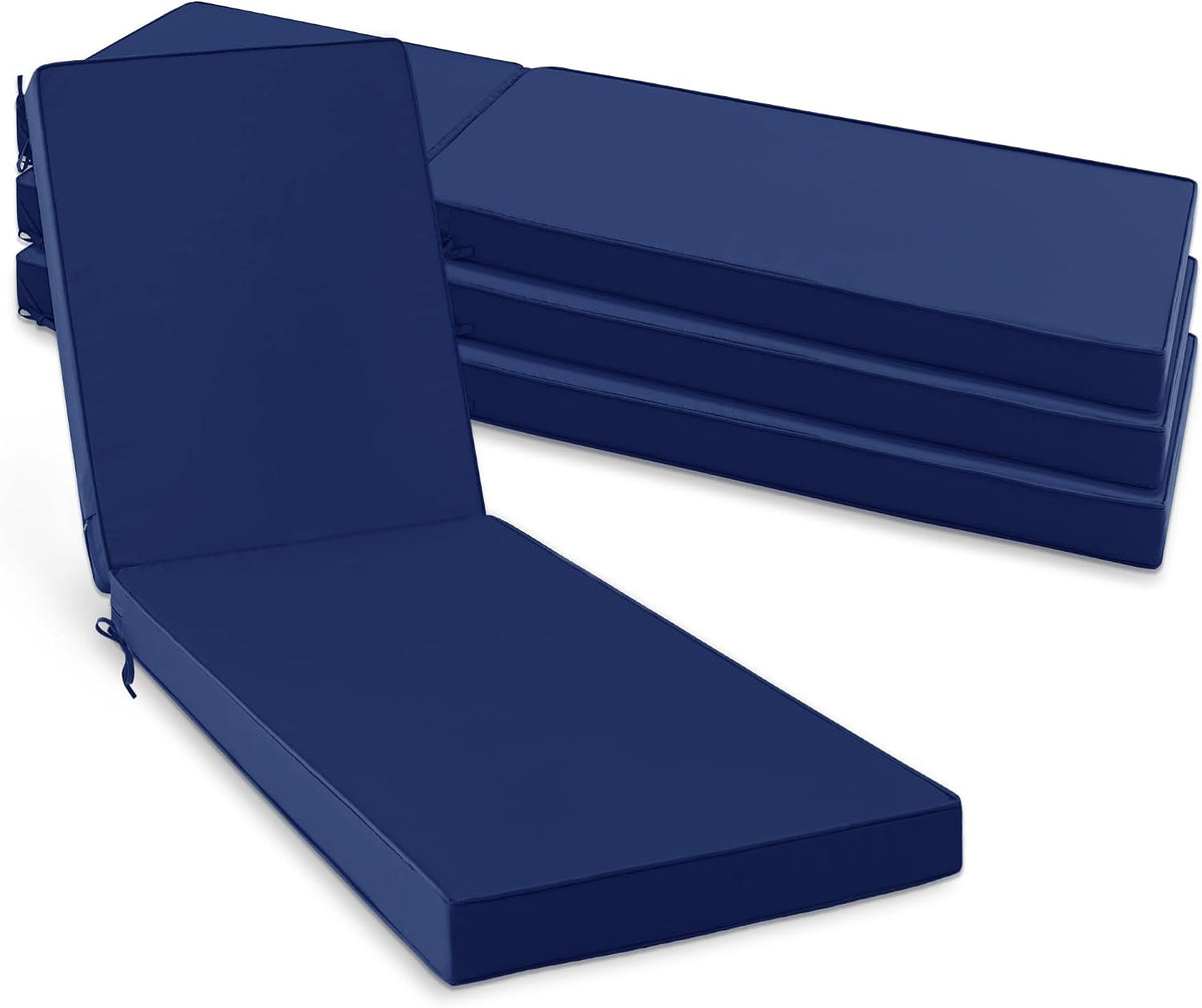 Three stacked navy chaise cushions behind a single navy cushion with raised backrest.