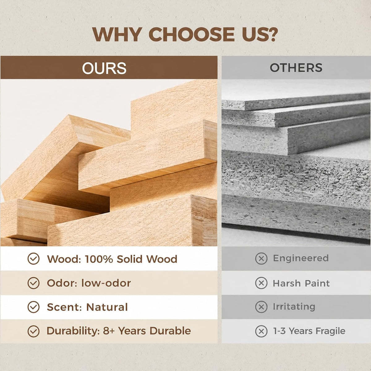 Wood construction comparison graphic with solid wood and engineered-board samples