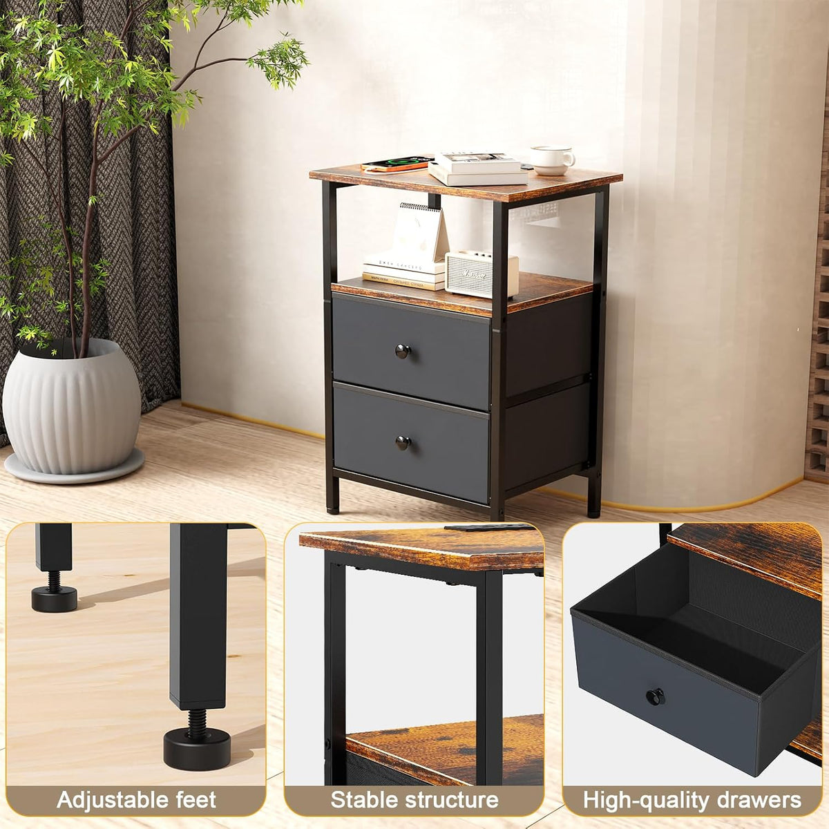 Three-quarter view of a two-drawer nightstand with wood top in a room; three inset close-ups below.