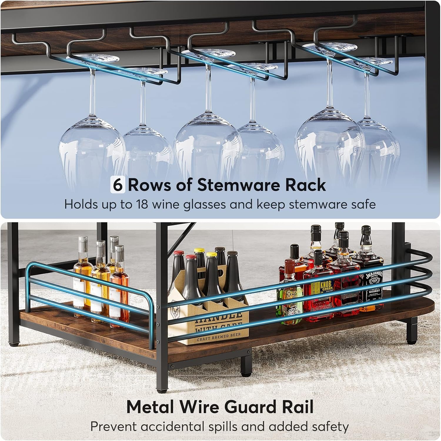 Close-up underside view of wine glasses hanging upside down from metal rails beneath the top shelf.