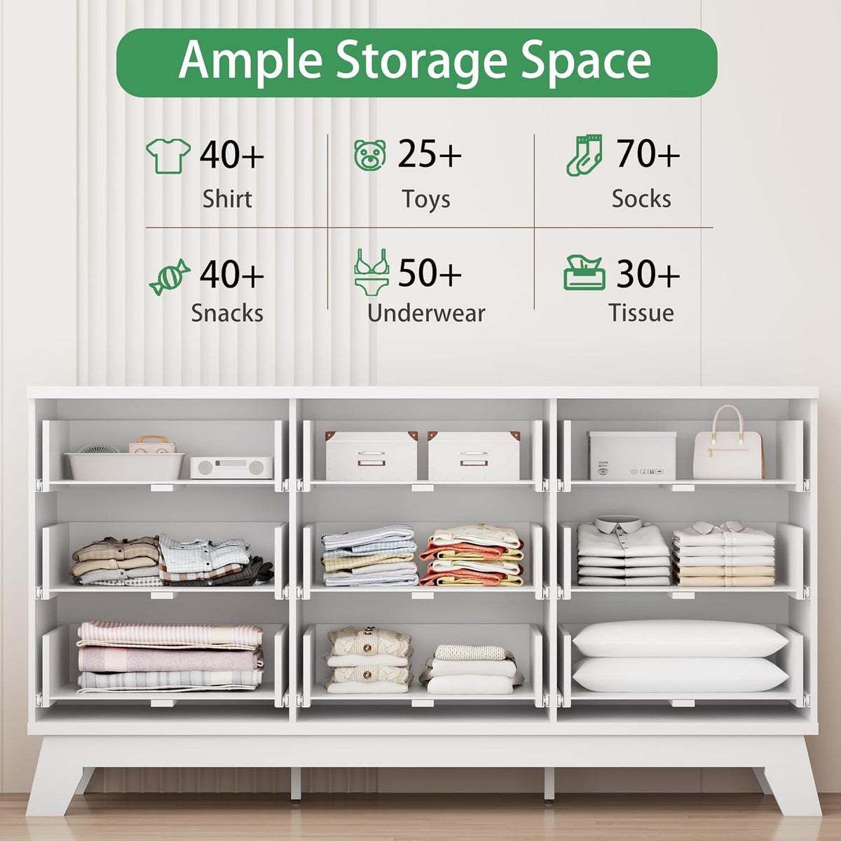 Interior storage layout with multiple compartments holding folded clothes and boxes to show capacity