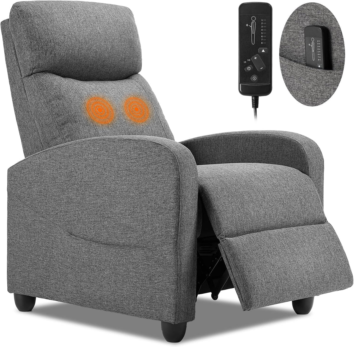 Grey fabric recliner on white background with remote control and inset showing pocket holding the remote