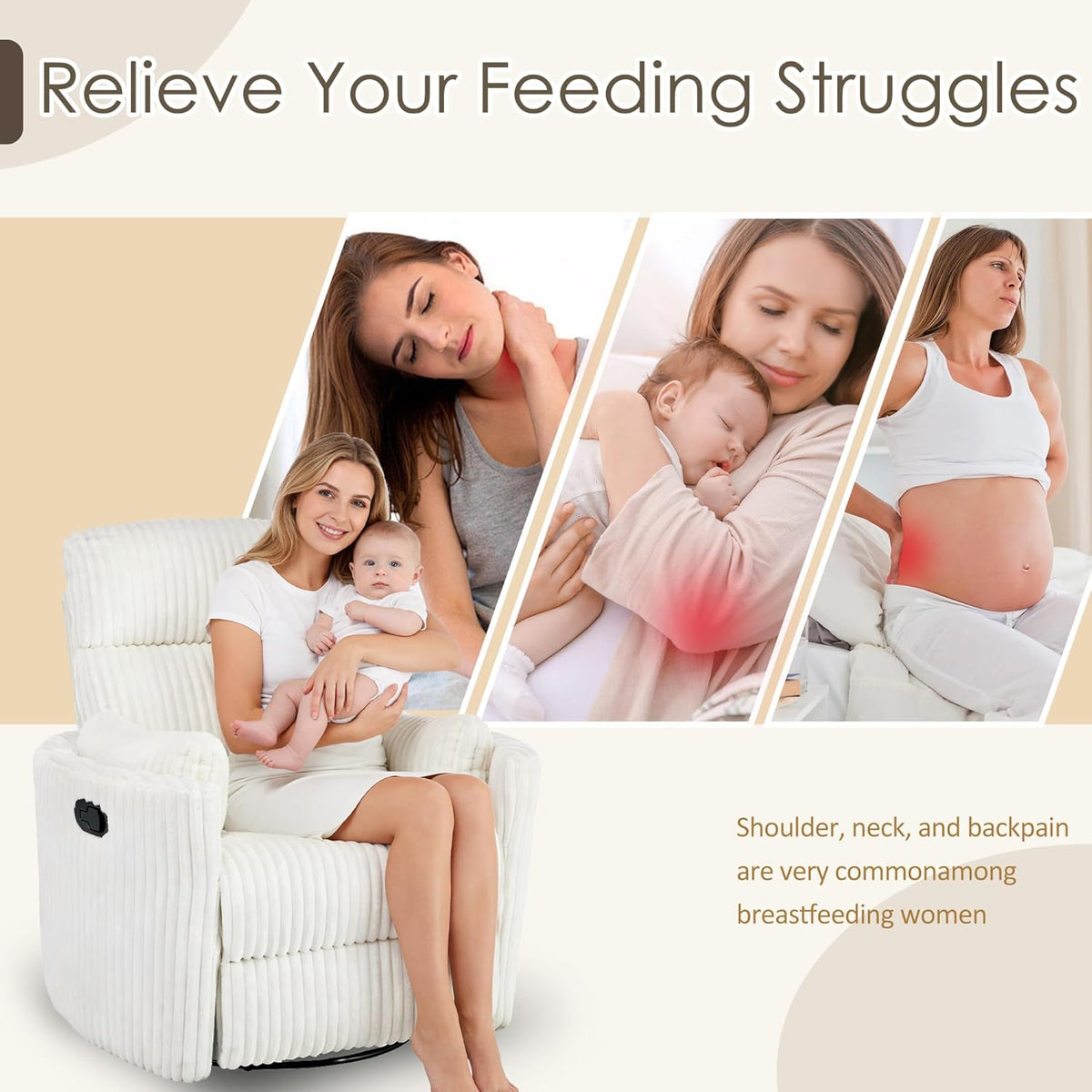 Collage showing mothers with infants and a seated woman on the beige recliner illustrating nursing and comfort scenarios.
