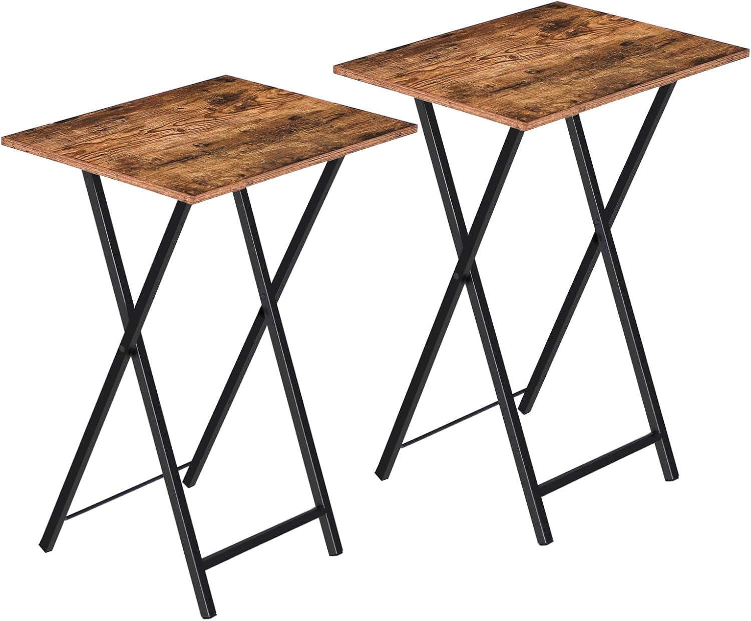Two folding tray tables with rustic brown particleboard tops and black metal X-frames on a white background