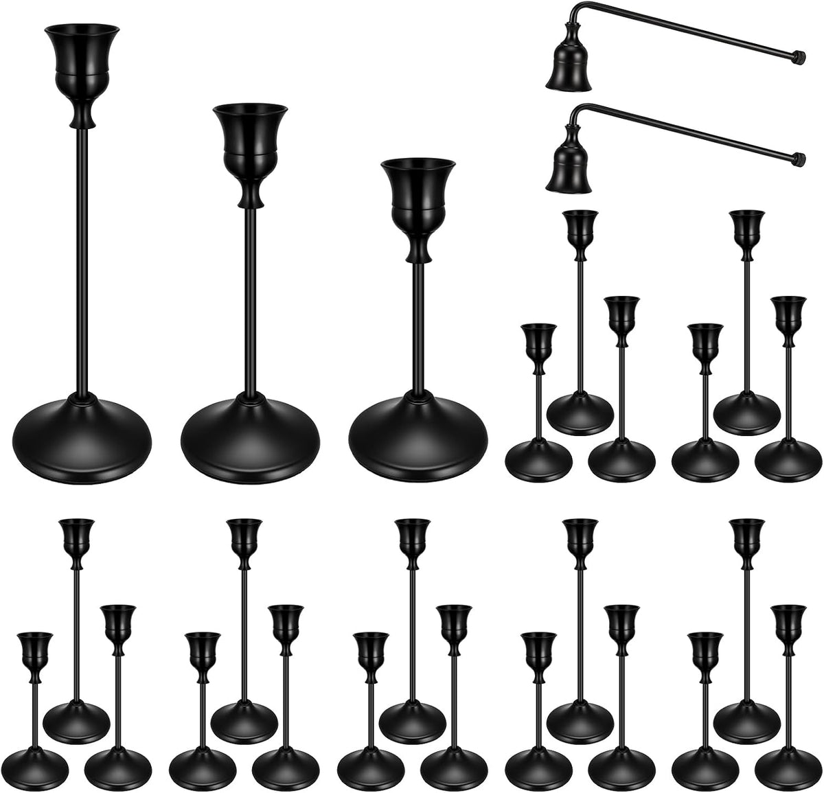 Array of black candlesticks including taller and shorter stems plus two horizontal pieces on white background