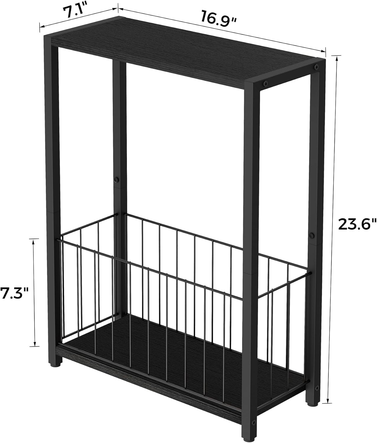 Front three-quarter view of a narrow black metal side table with top shelf and lower wire magazine basket showing