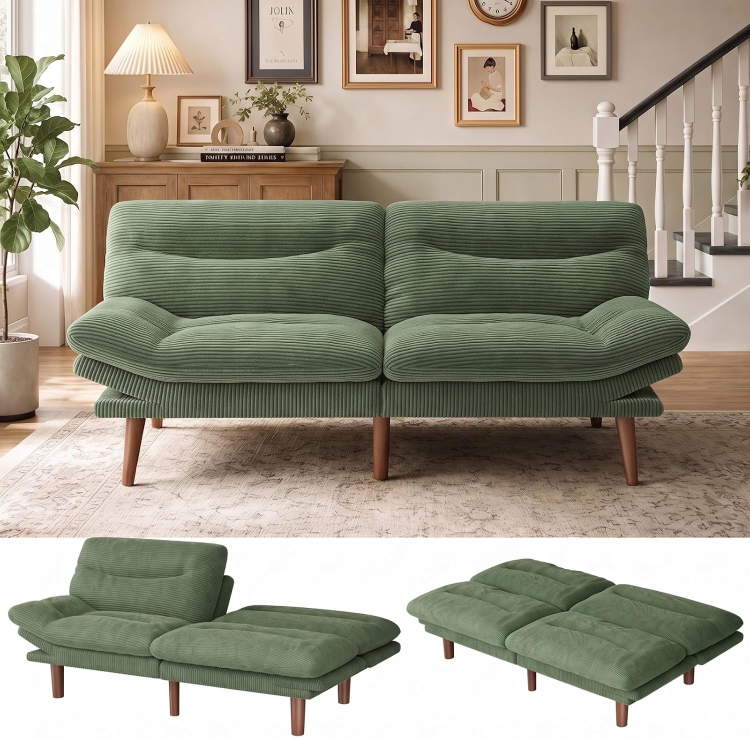 Front view of a sage green corduroy futon sofa bed in a warm entryway scene