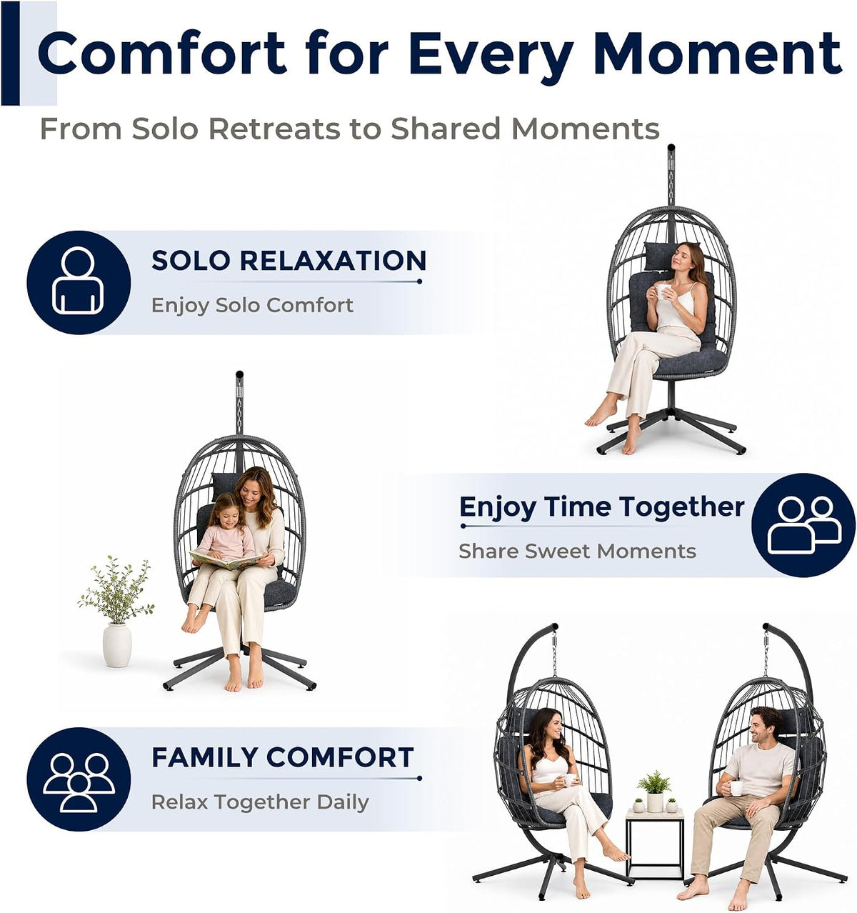 Collage showing solo, shared, and family use of an egg-shaped hanging chair on a freestanding stand